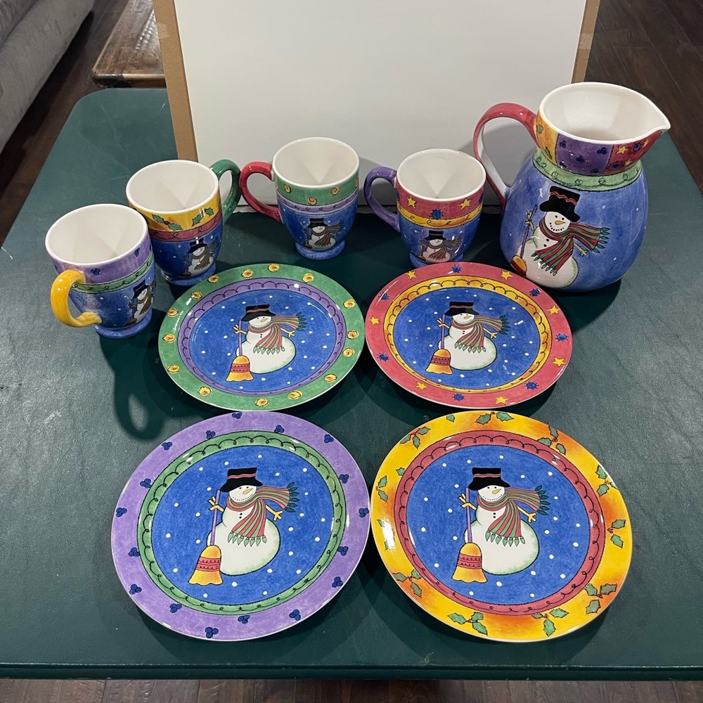 Set of Sango Christmas snowman cups, plates, and pitcher